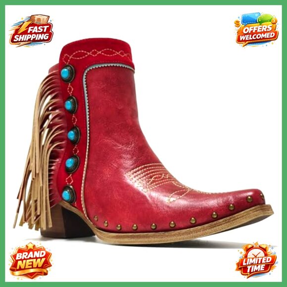 Western Fringe Ankle Boots Studded Turquoise Stones Cowgirl Chic Block Heel - Picture 3 of 7